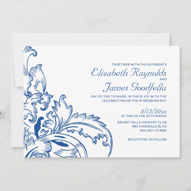 Royal Blue Blüh Hochzeit Einladungen (Vorderseite)