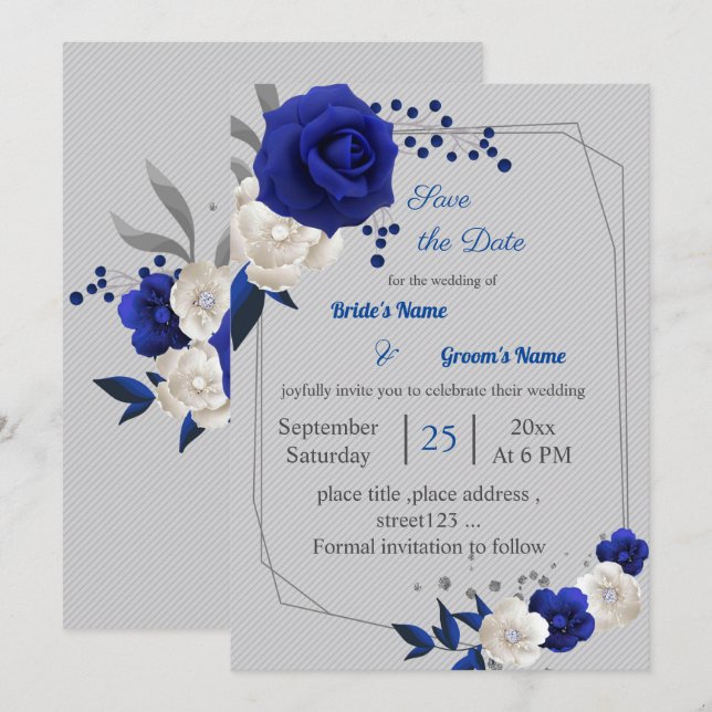 Royal-Blue-Blume geometrisch Save the Date Einladung (Vorne/Hinten)