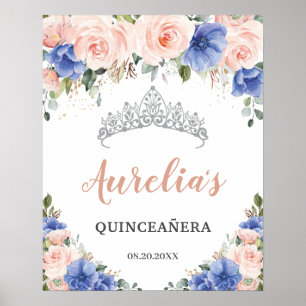 Royal Blue Blush Floral Quinceañera Tiara Willkomm Poster