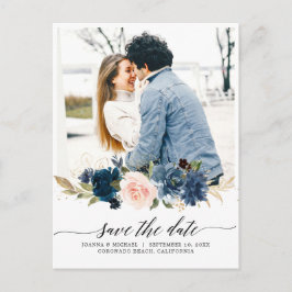 Royal Blue Blush Foto Save the Date Postkarte