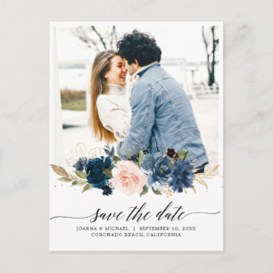 Royal Blue Blush Foto Save the Date Postkarte