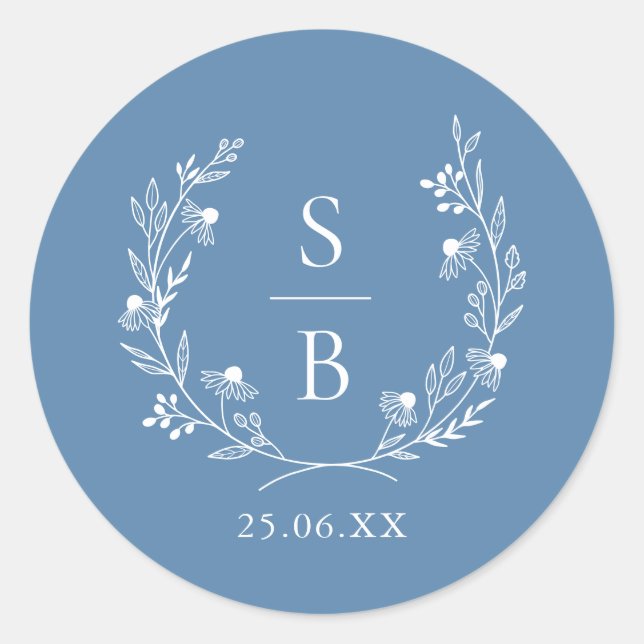 Royal Blue Botanical Monogram Wreath Wedding Runder Aufkleber (Vorderseite)