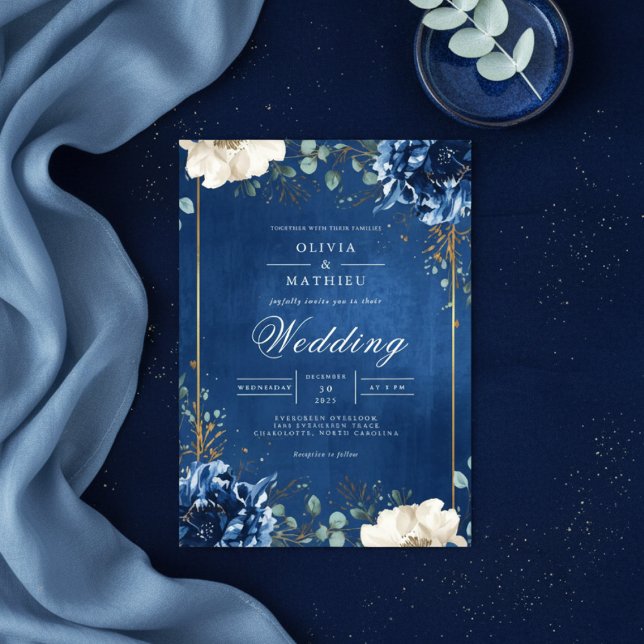 Royal Blue Botanical Romance Wedding Einladung (Von Creator hochgeladen)