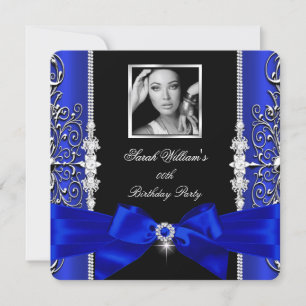 Royal Blue Bow Birthday Party Black Silver Foto 3 Einladung