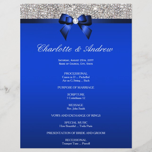 Royal Blue Bow Silver Sequins Hochzeitsprogramm (Vorderseite)