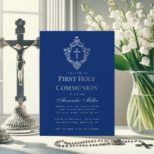 Royal Blue Boy First Communation Vintag Cross Wapp Einladung