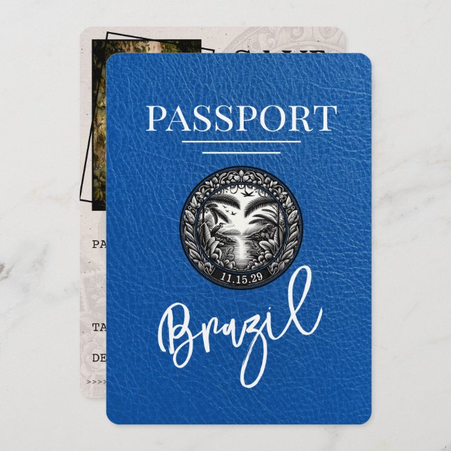 Royal Blue Brasilien Passport Save the Date (Vorne/Hinten)