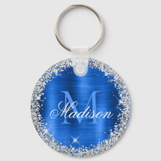 Royal Blue Brushed Metal Silver Glitter Monogram Schlüsselanhänger