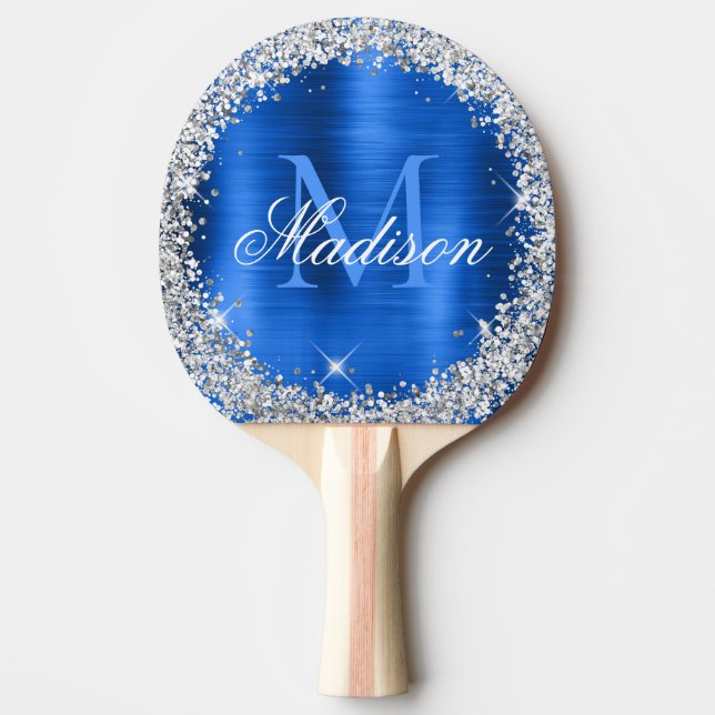 Royal Blue Brushed Metal Silver Glitzer Monogram Tischtennis Schläger (Vorderseite)