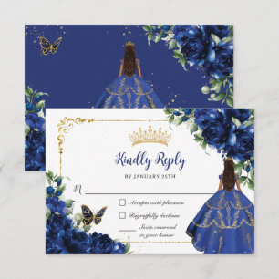 Royal Blue Butterfells Princess Gold Quinceañera RSVP Karte