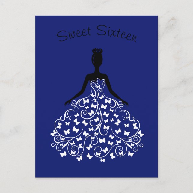 Royal Blue Butterfly Gown 16 . Geburtstag Einladun Einladungspostkarte (Vorderseite)