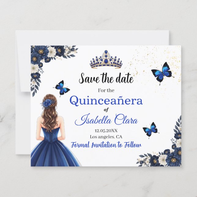 Royal Blue Butterfly Quinceañera Save the Date (Vorderseite)