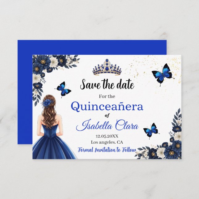 Royal Blue Butterfly Quinceañera Save the Date (Vorne/Hinten)