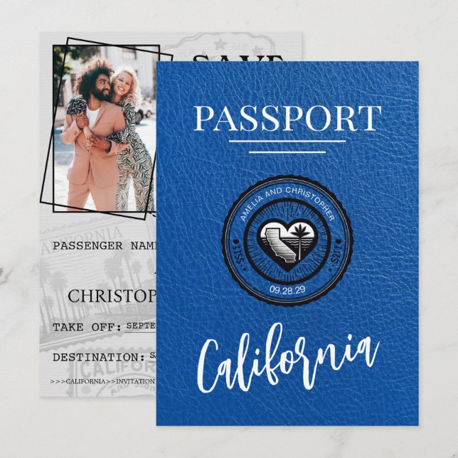 Royal Blue California Passport Save the Date (Vorne/Hinten)