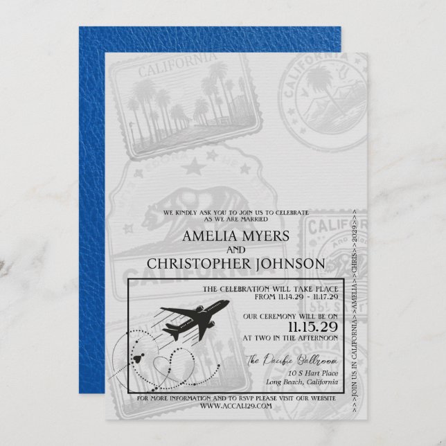 Royal Blue California Passport Wedding Einladung (Vorne/Hinten)
