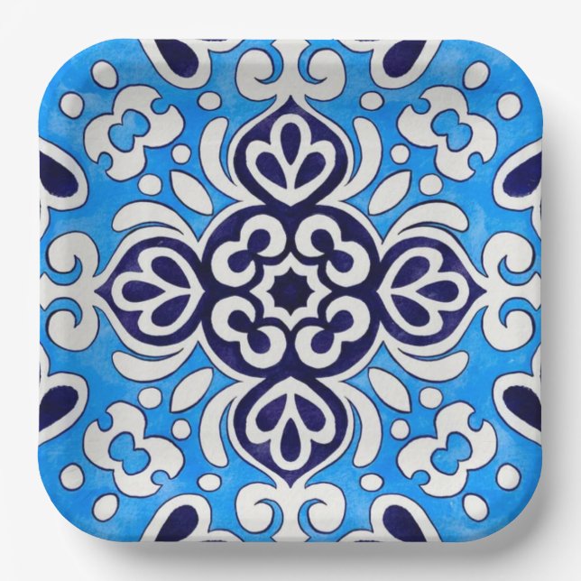 Royal Blue Ceramic Classic Geometric Mosaic  Pappteller (Vorderseite)