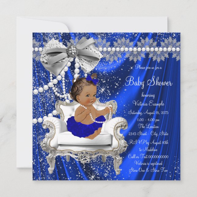 Royal Blue Chair Pearls Ethnic Girl Baby Dusche Einladung (Vorderseite)
