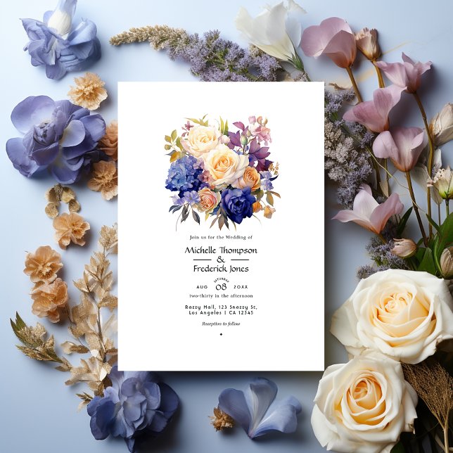 Royal Blue, Champagne, Cream Rose & Mauve Wedding Einladung (Von Creator hochgeladen)