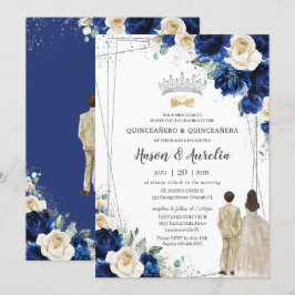 Royal Blue Champagne Twins Boy Girl Quinceañera Einladung
