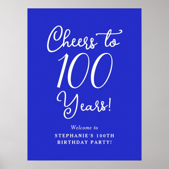 Royal Blue Cheers to 100 Years Birthday Willkommen Poster (Vorne)