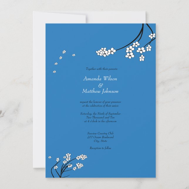 Royal Blue Cherry Blossom Hochzeit Einladungen (Vorderseite)