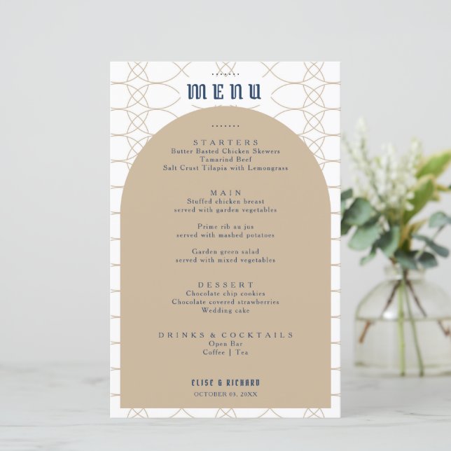 Royal Blue Classic Retro Wedding Menu (Stehend Vorderseite)