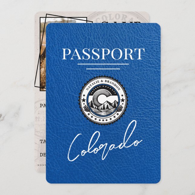 Royal Blue Colorado Passport Save the Date (Vorne/Hinten)