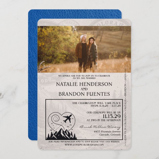 Royal Blue Colorado Passport Wedding Einladung (Vorne/Hinten)