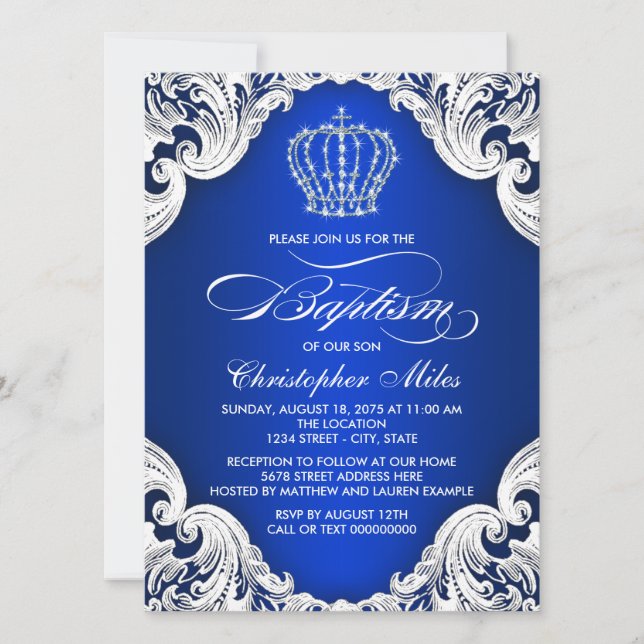 Royal Blue Crown Boy Baptisse Einladung (Vorderseite)