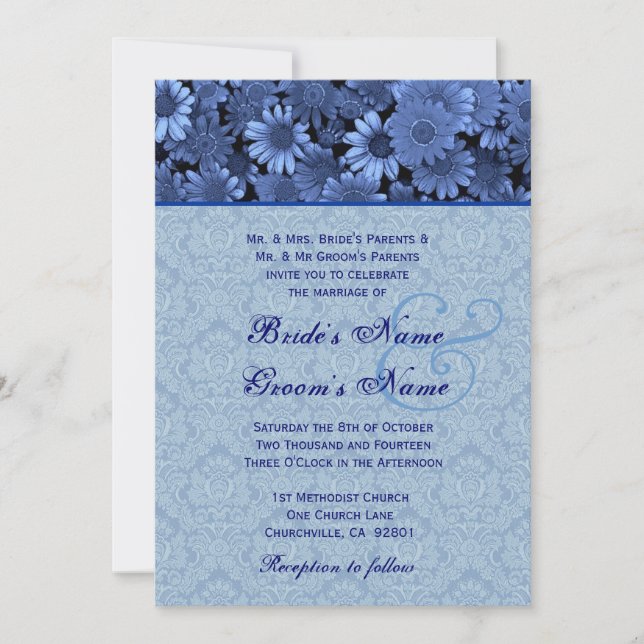 Royal Blue Daisy Damask Hochzeit Einladung (Vorderseite)