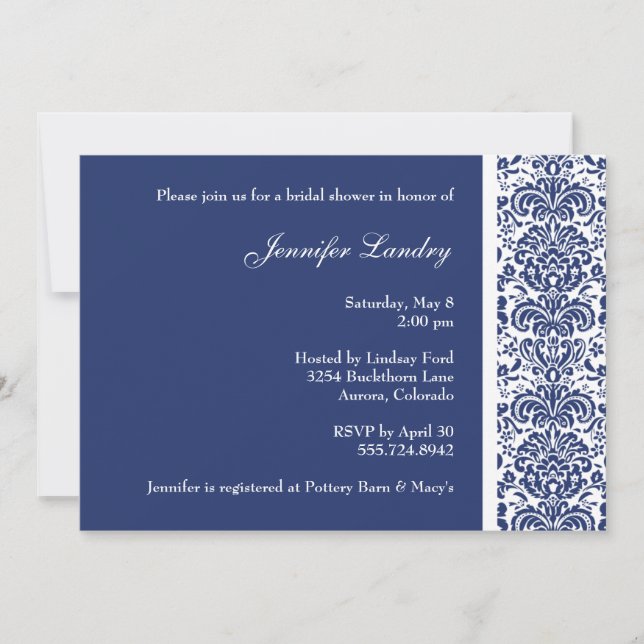 Royal Blue Damask Bridal Dusche Einladung (Vorderseite)