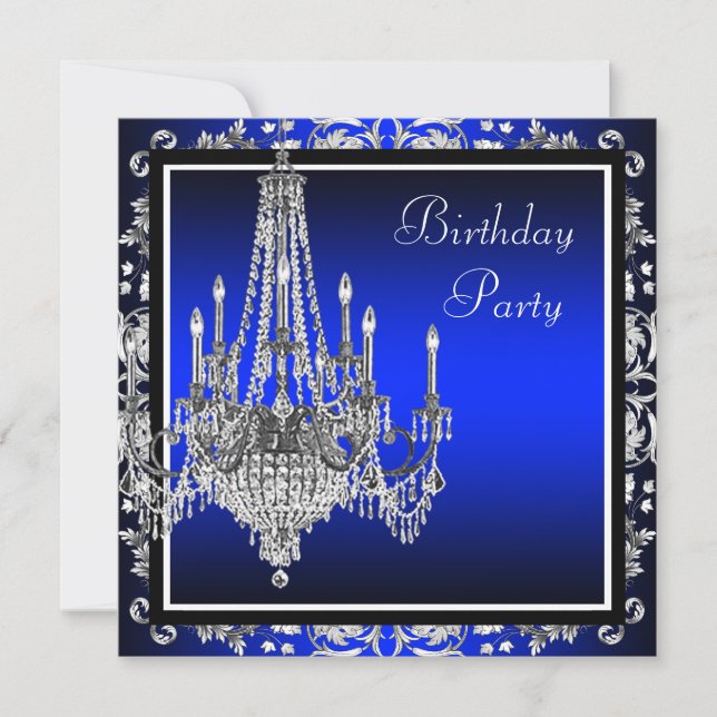 Royal Blue Damask Chandelier Birthday Party Einladung (Vorderseite)
