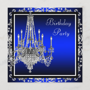 Royal Blue Damask Chandelier Birthday Party Einladung