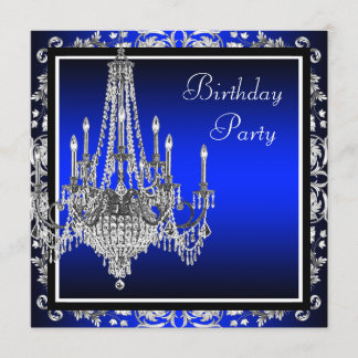 Royal Blue Damask Chandelier Birthday Party Einladung