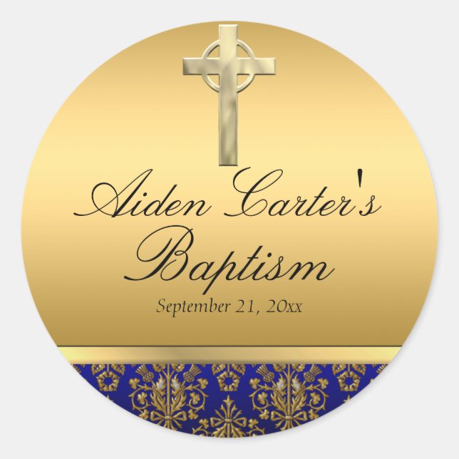 Royal Blue Damask & Cross Baptisse Aufkleber (Vorderseite)