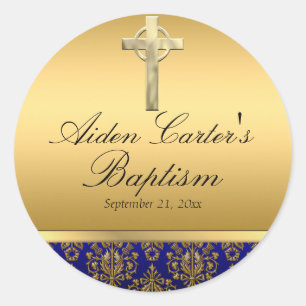 Royal Blue Damask & Cross Baptisse Aufkleber