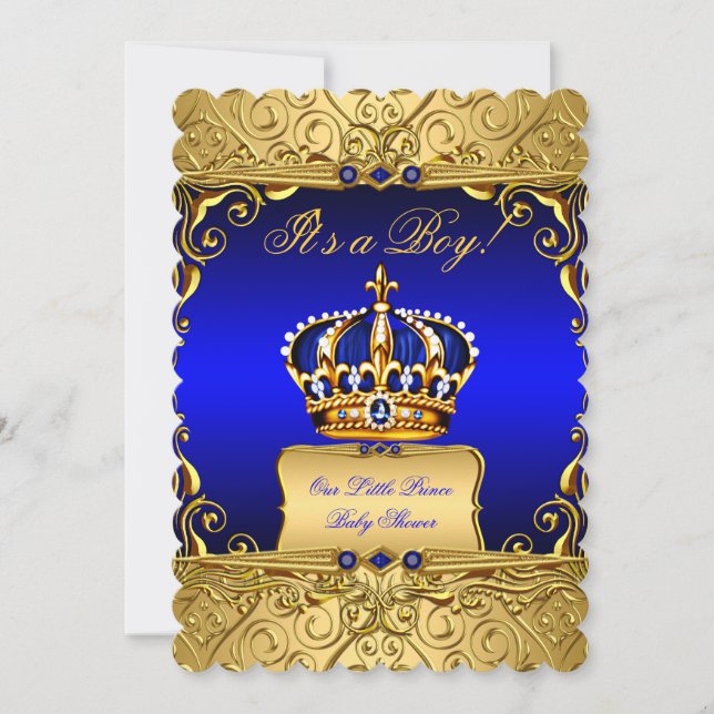 Royal Blue Damask Gold Crown Baby Shower Bob bs3 Einladung (Vorderseite)