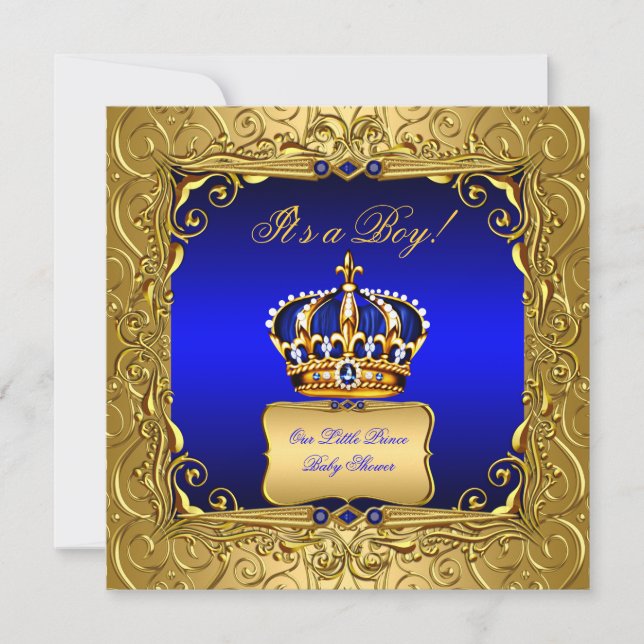 Royal Blue Damask Gold Crown Baby Shower Bob bs4 Einladung (Vorderseite)