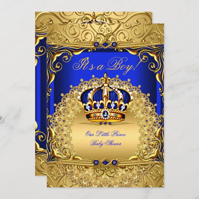 Royal Blue Damask Gold Crown Baby Shower Bob bs6 Einladung (Vorne/Hinten)