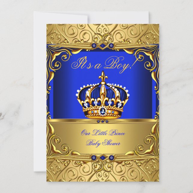 Royal Blue Damask Gold Crown Baby Shower Bob bsA Einladung (Vorderseite)