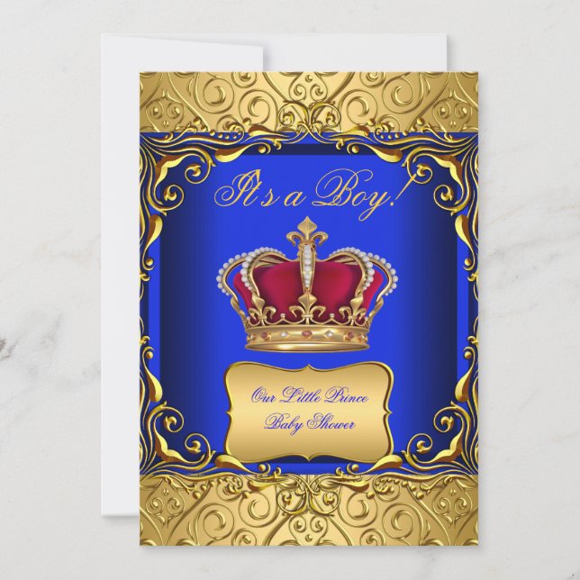 Royal Blue Damask Gold Crown Baby Shower Bobs Einladung (Vorderseite)