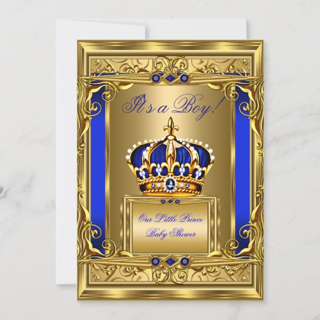 Royal Blue Damask Gold Crown Baby Shower Boy bg4 Einladung (Vorderseite)