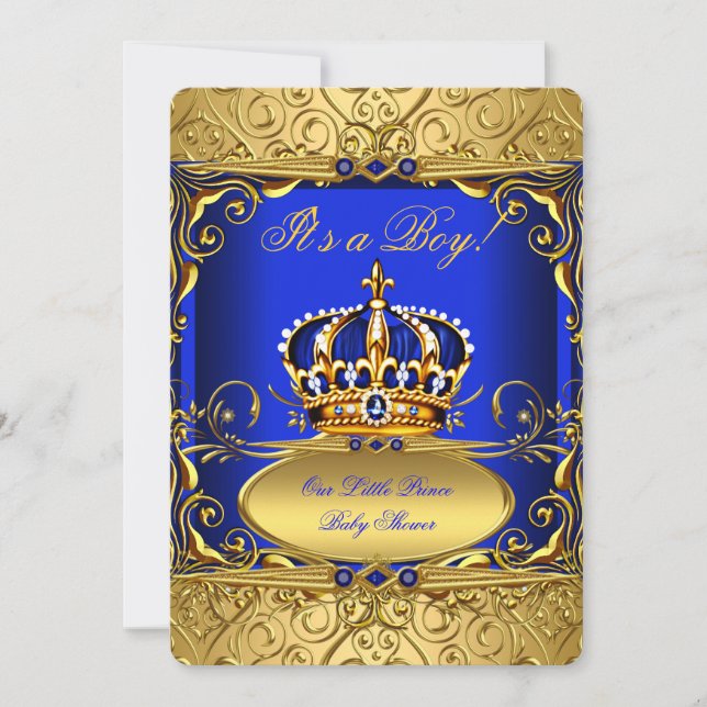 Royal Blue Damask Gold Crown Baby Shower Boy RB2 Einladung (Vorderseite)