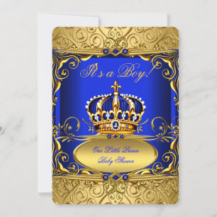 Royal Blue Damask Gold Crown Baby Shower Boy RB2 Einladung