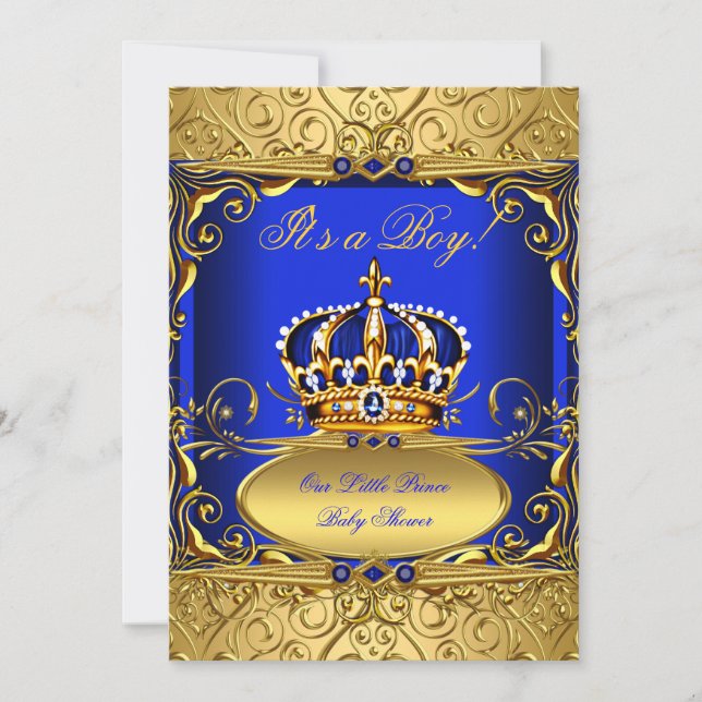 Royal Blue Damask Gold Crown Baby Shower Boy RB2 Einladung (Vorderseite)