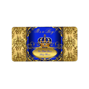 Royal Blue Damask Gold Crown Baby Shower Boy RB3 Adressaufkleber