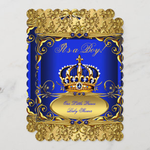 Royal Blue Damask Gold Crown Baby Shower Boy RB3 Einladung