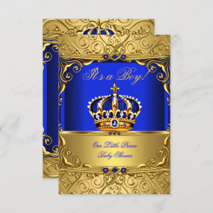 Royal Blue Damask Gold Crown Baby Shower Boy SMALL Einladung