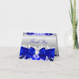 Royal Blue Damask & Pearl Bow Danke-Karte Dankeskarte