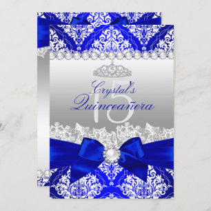 Royal Blue Damask Pearl Bow Quinceanera Invite Einladung